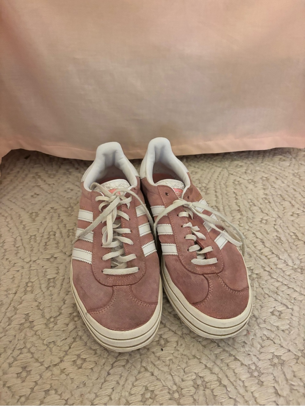 Adidas Women's Pink Suede Lace-Up Sneakers with White Stripes